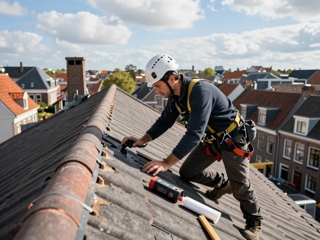 Professioneel bezig met daklekkage den haag met deskundige dakinspectie en reparatietools aan het werk te midden van stedelijke architectuur.