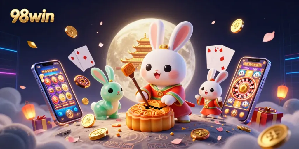 Experience thrilling gameplay with 98win, featuring a vibrant illustration of a moon rabbit encapsulating casino excitement.