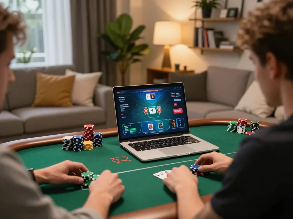 79KING online poker gameplay showcasing a player’s strategic moments in a cozy home setting.