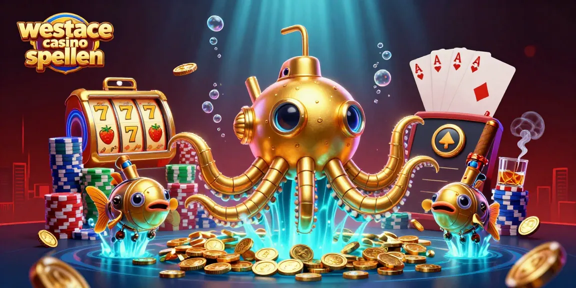 Speel WestAce casino spellen met de mechanische kraken en gouden munten in dit levendige 3D-ontwerp.