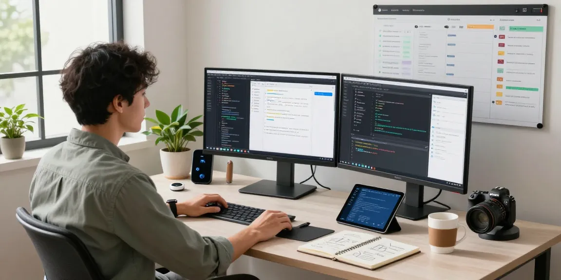 Build internal tools with AI in a modern workspace; developer coding on multiple screens.