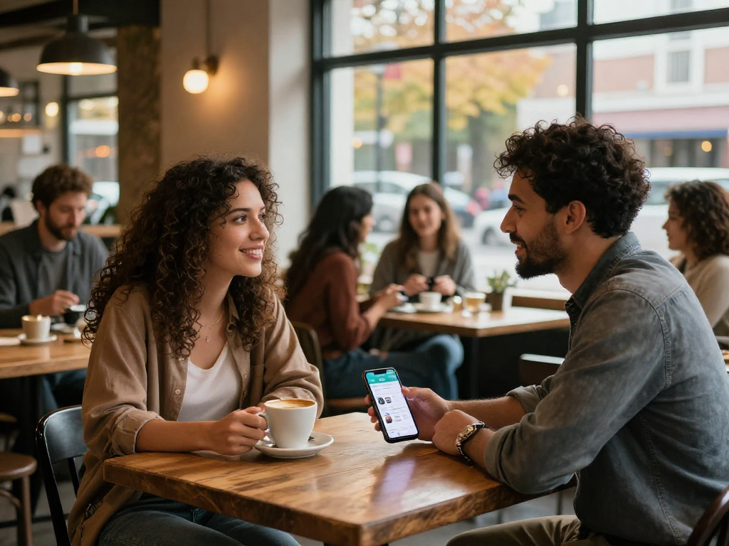 Couple enjoying a date with the F168 app at a cozy coffee shop.