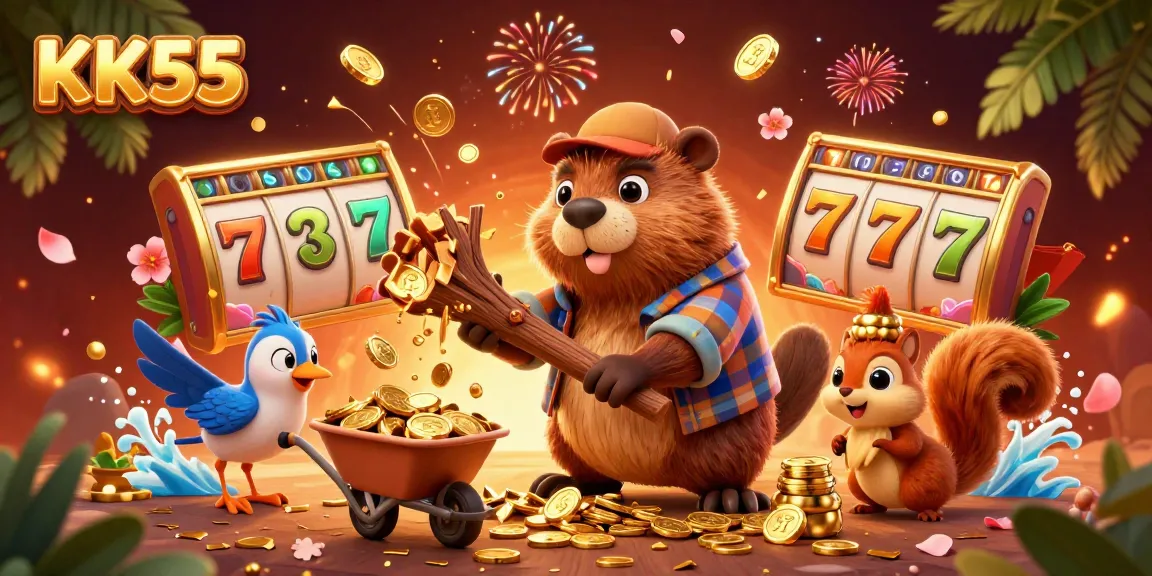 Engage in thrilling gaming at KK55 with a lucky beaver and vibrant casino symbols.