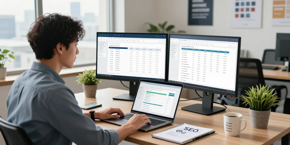 SEO expert in een moderne werkruimte met SEO-analyse op schermen.