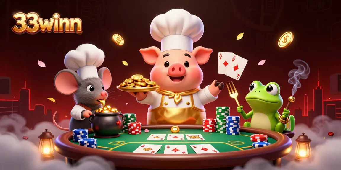 Experience thrilling moments at 33winn as a chef pig serves gold coins in an exciting casino scene.