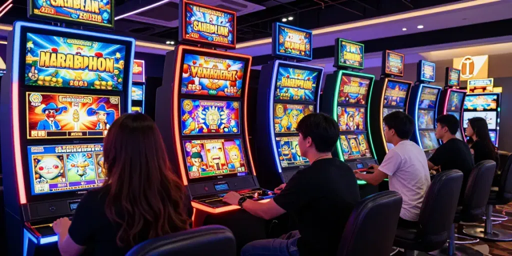 Slot gacor online dimainkan oleh pemain beragam di kasino digital yang modern dan penuh warna.