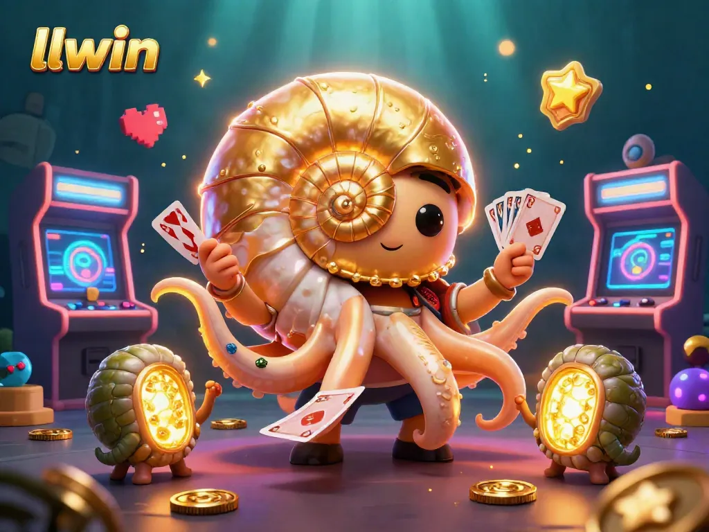 Engage with llwin's vibrant online gaming experience featuring a giant nautilus and glowing game elements.