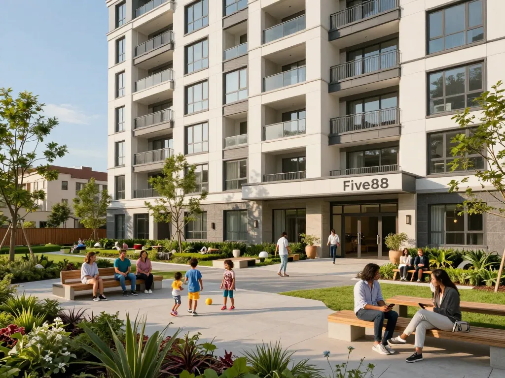 Community living at Website Five88, showcasing families enjoying outdoor spaces in an affordable housing complex.