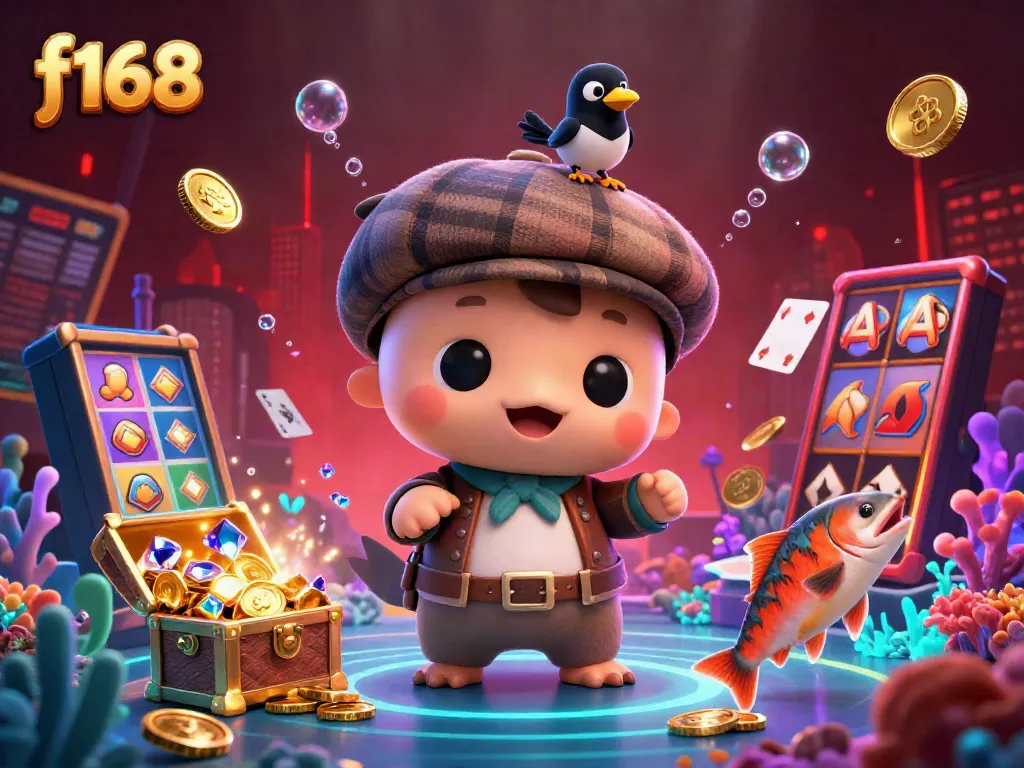 Experience thrilling gameplay at f168 with a charming cartoon scene featuring Nessie and slot games.