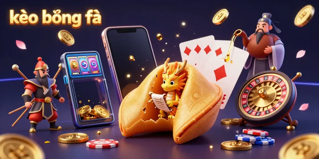 Engaging visualization of kèo bóng đá with golden fortune cookie and a wise dragon amidst casino elements.