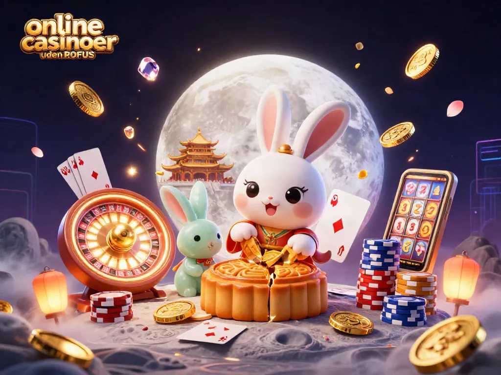 Engaging illustration of online casinoer uden ROFUS featuring a playful moon rabbit revealing poker chips.