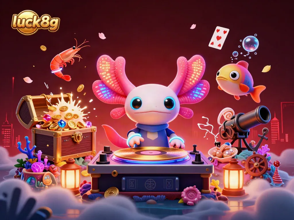 Engage with luck8g in a vibrant 3D underwater casino scene featuring dynamic axolotl DJ and dancing sea creatures.