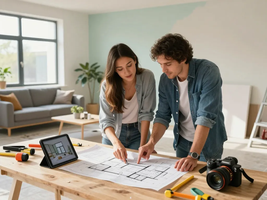 Koppel plant verbouwing en verhuizing Utrecht met renovatieplannen en tablet in een lichte woonkamer.