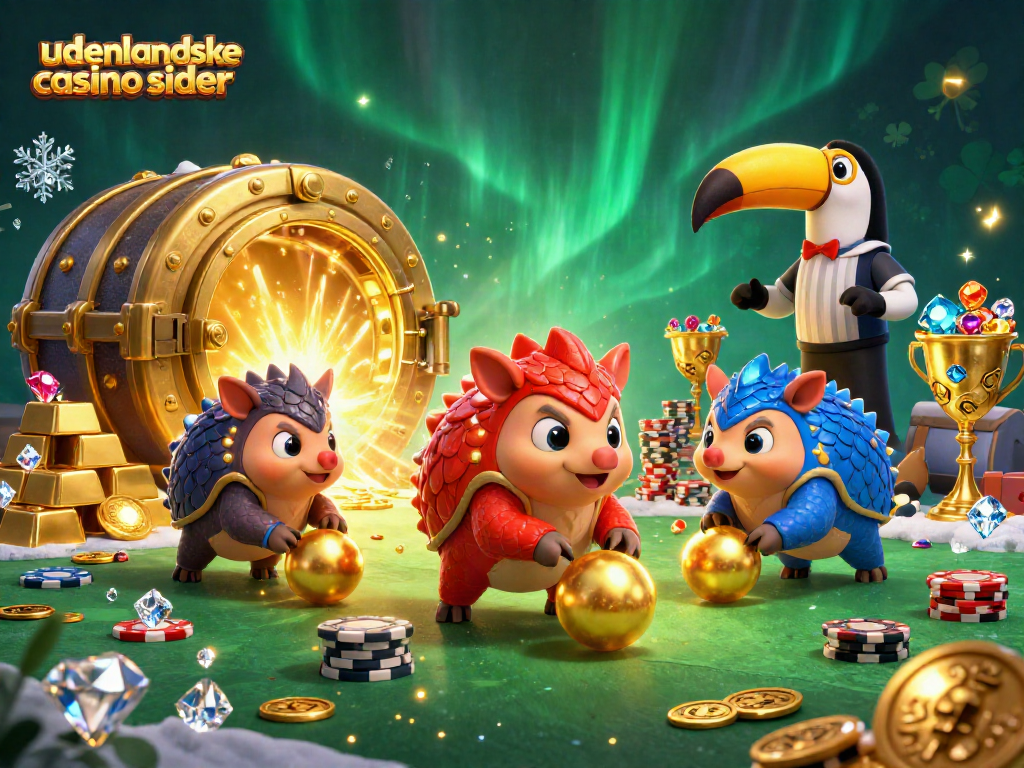Engaging scene of rival pangolins and a toucan referee showcasing udenlandske casino sider excitement with casino-themed elements.