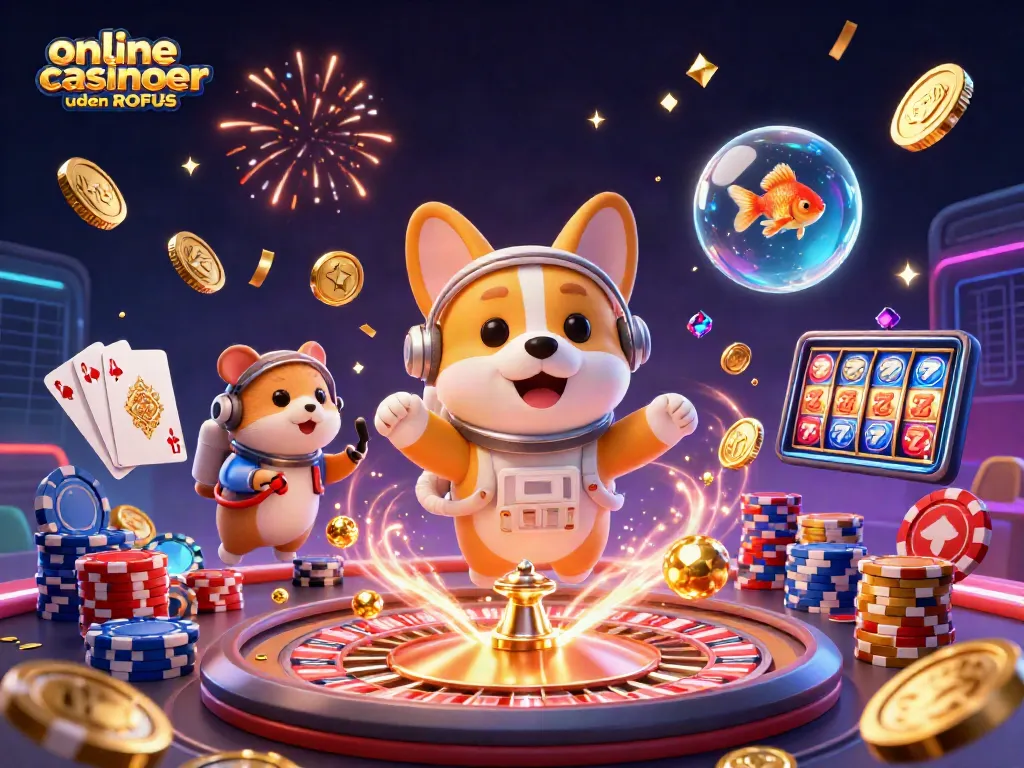Win big at online casinoer uden ROFUS with a vibrant scene featuring a fun astronaut corgi.