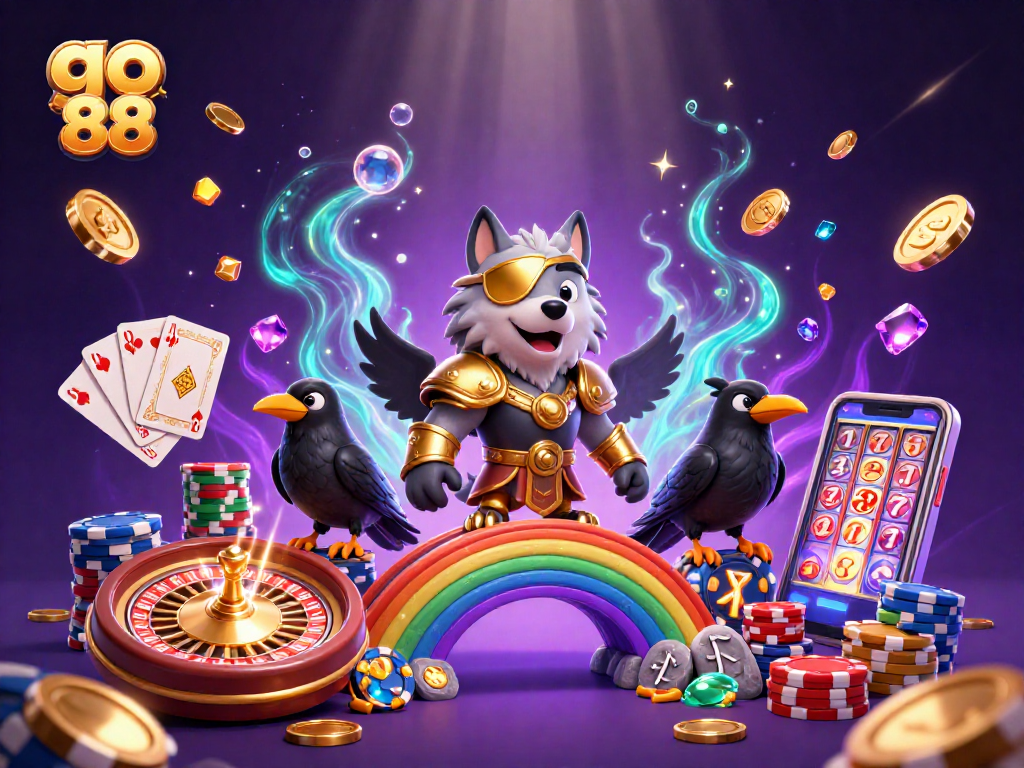 Experience big wins at go 88 with a vibrant casino illustration featuring Odin and rich gaming elements.