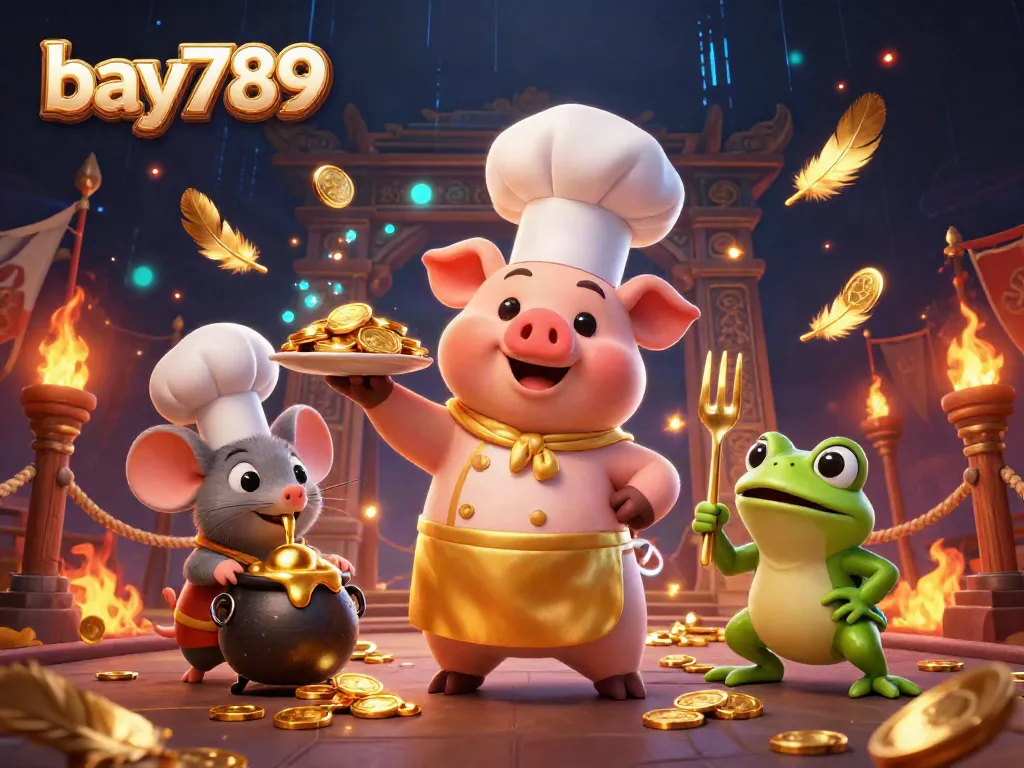 Experience thrilling gameplay at bay789 with a gourmet display of gold coins and vibrant casino elements.