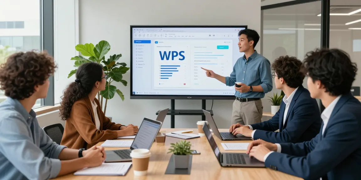 演示WPS应用功能的团队协作会议，显示现代办公氛围。