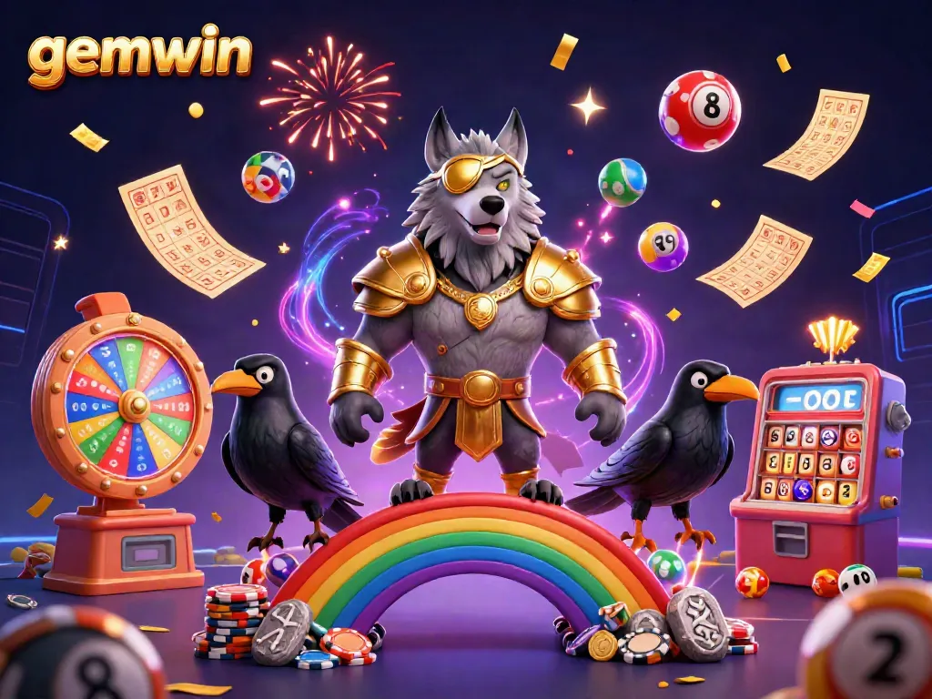 Experience the thrill of gemwin with dynamic lottery elements and mythological characters in a vibrant casino scene.