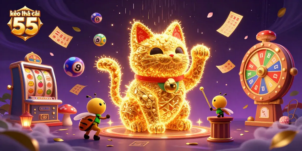 Engage with exciting kèo nhà cái 55 setup featuring a lively lucky cat amidst casino symbols and colorful elements.
