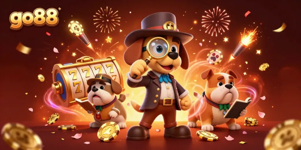 Play exciting games at go88 with lively casino-themed illustration featuring a detective exploring clues.