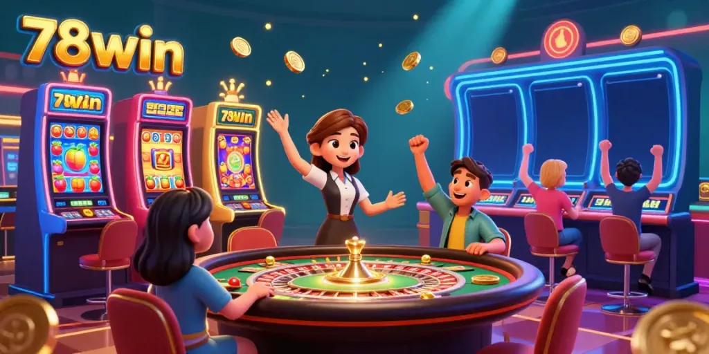 Experience thrilling gameplay at 78win as players celebrate wins at a vibrant casino scene.