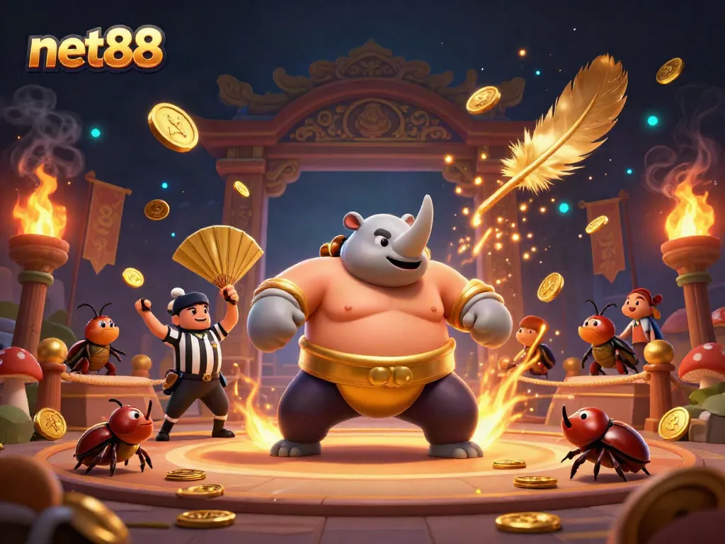 Net88's engaging scene showcases a sumo beetle champion, flying coins, and dynamic gambling elements.