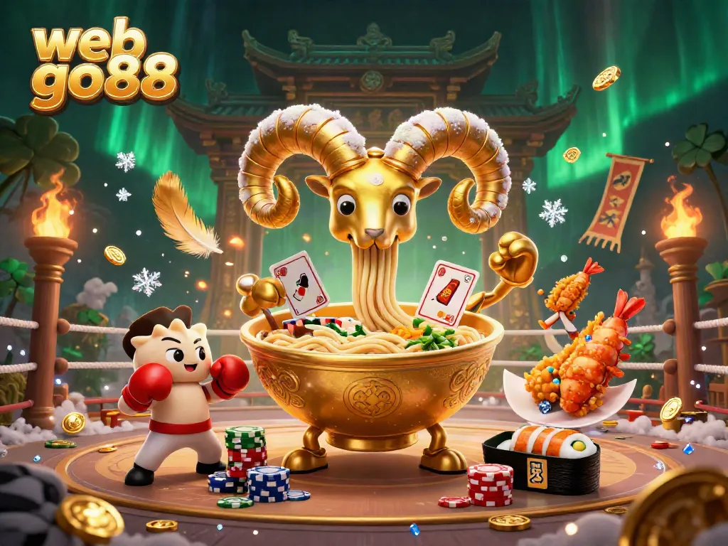 Engage with thrilling action at web go88 featuring a vibrant 3D scene with a golden ramen bowl dealer amidst swirling casino elements.