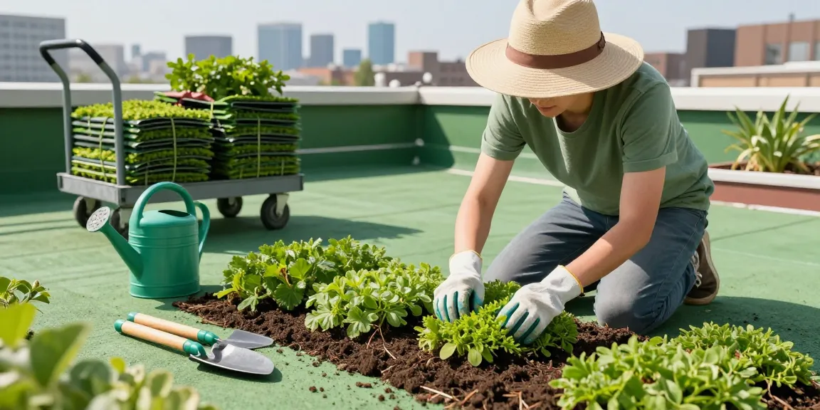 Sedumdak aanleggen met levendige sedumplanten die op een groen dak worden geïnstalleerd.