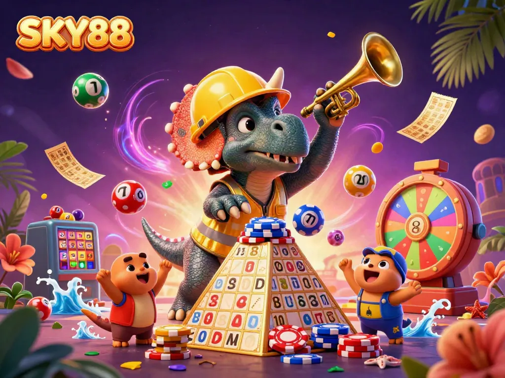 Celebrate winnings at SKY88 with a triceratops building poker chip pyramids amidst vibrant casino elements.