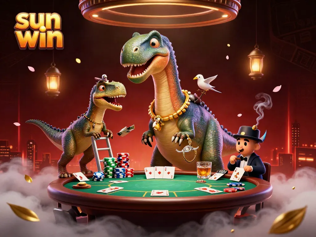 Engage with sun win at this vibrant casino scene featuring a brontosaurus and clever raptor amidst poker elements.