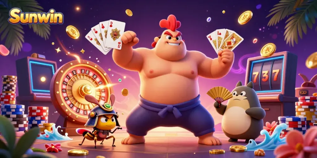 Engage in fun and excitement with Sunwin's vibrant 3D casino scene featuring a powerful sumo wrestler rooster.