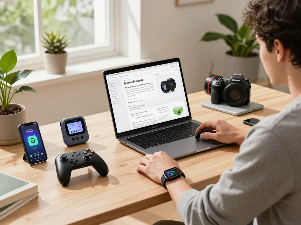 Showcasing unique tech gadgets like Bluetooth controllers and smart devices in a modern home office.