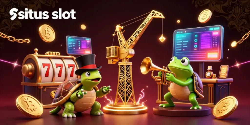 Experience exciting situs slot play with a cartoon crane, turtle, and frog at a vibrant speakeasy.