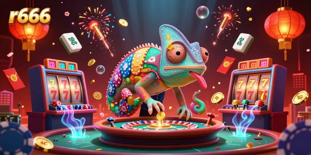 Experience thrilling gameplay with r666 as the vibrant chameleon casino owner captures golden coins and excitement.