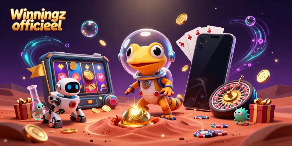 De 3D cartoon Martiaanse gekko ontdekt een gouden casino met Winningz officieel. Spelers in actie!