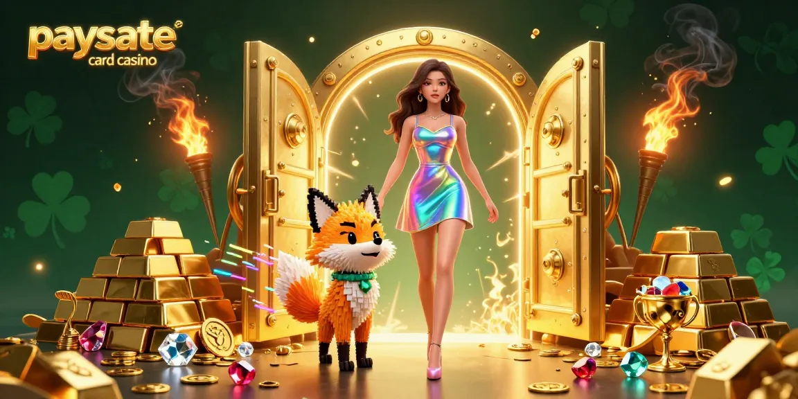 Erleben Sie die Aufregung des Paysafe Card Casinos mit dieser lebhaften 3D-Illustration, die eine Frau, einen digitalen Fuchs und schimmernde Schätze zeigt.
