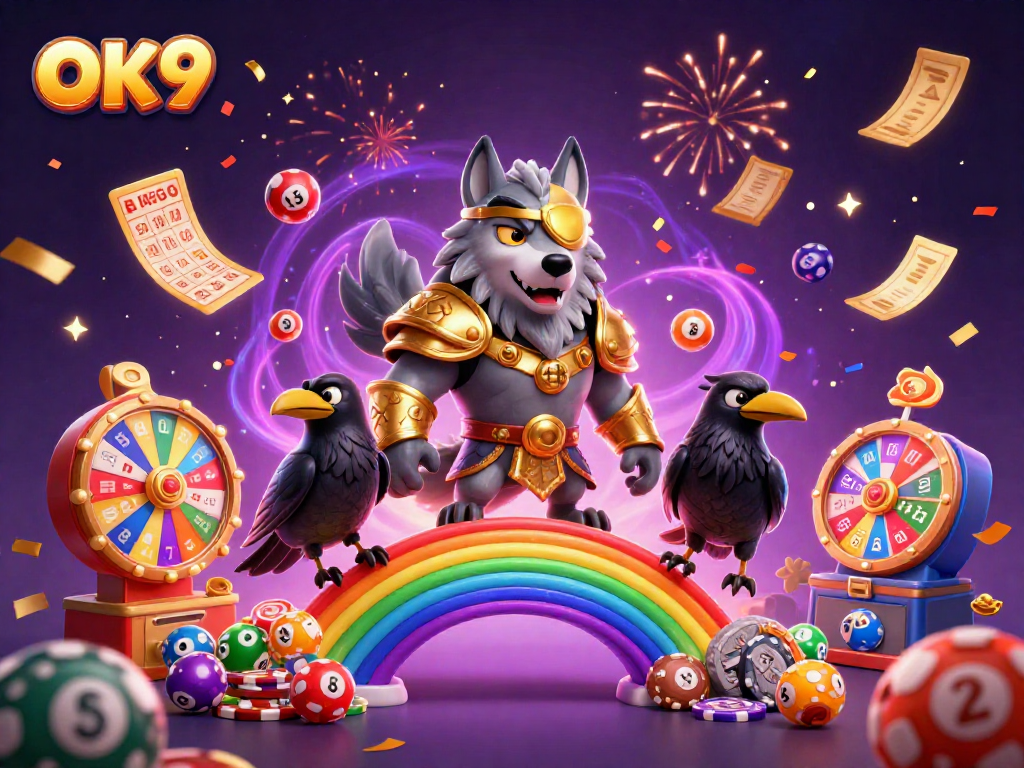 Experience thrilling rewards with OK9 as colorful lottery elements bounce around, creating a vibrant casino atmosphere.