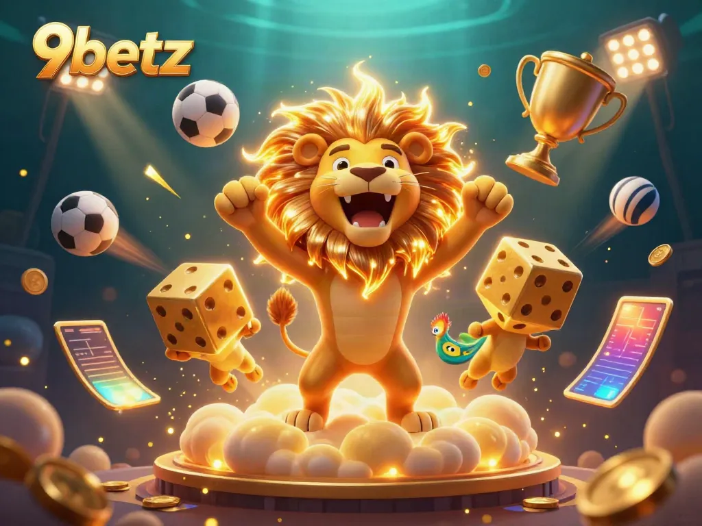 Experience the thrill of gaming at 9betz with a dynamic illustration of vibrant casino elements and characters.