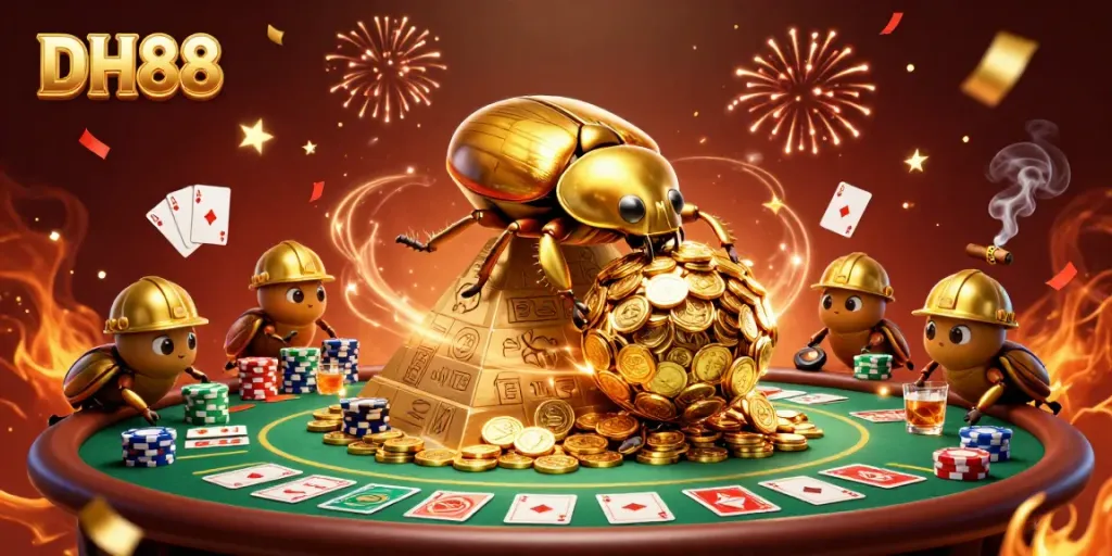 Experience the thrill of DH88 with golden coins and vibrant casino elements in an engaging illustration.