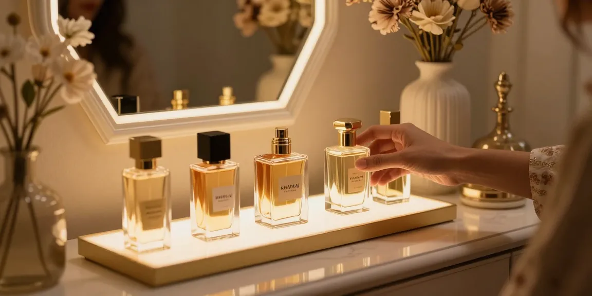 Khadlaj parfum op een elegante vanity tafel met geurige bloemen en sfeervolle verlichting.