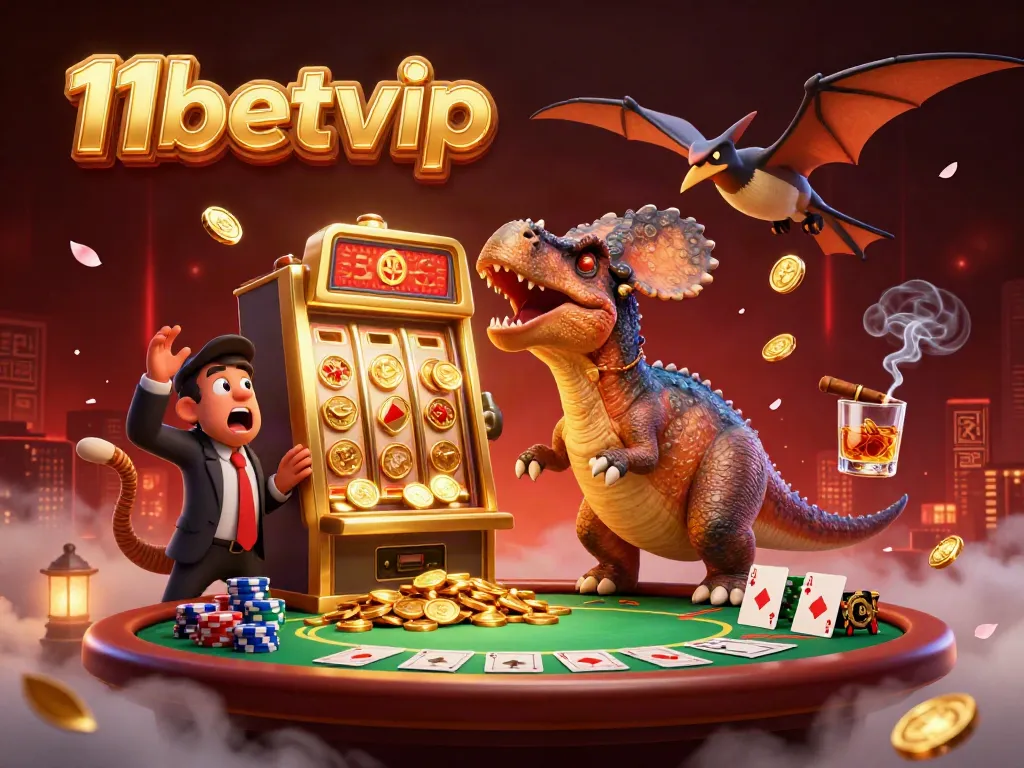 11betvip showcases a pachycephalosaurus beside a golden slot machine, celebrating a jackpot amidst vibrant casino elements.