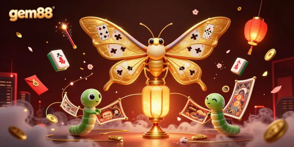 Experience thrilling gameplay with gem88, featuring a vibrant 3D illustration of an atlas moth and casino elements.