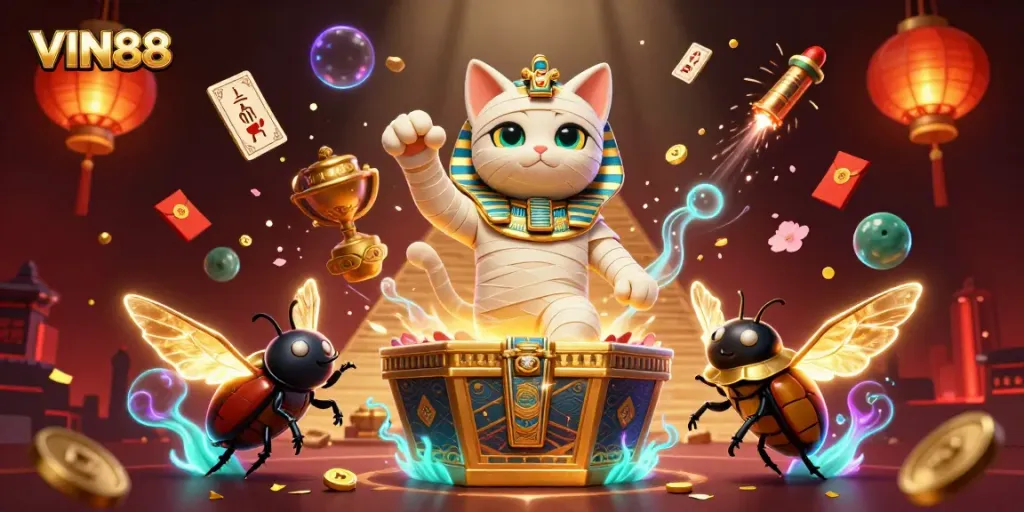 Experience the thrill of gaming at VIN88 with the mummy cat bursting forth surrounded by bright casino elements.