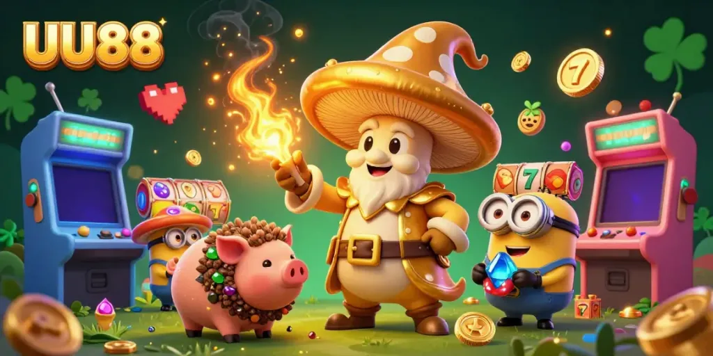 Engage with the magical world of UU88, where a golden wizard and truffle pig discover treasures amidst vibrant slot games.