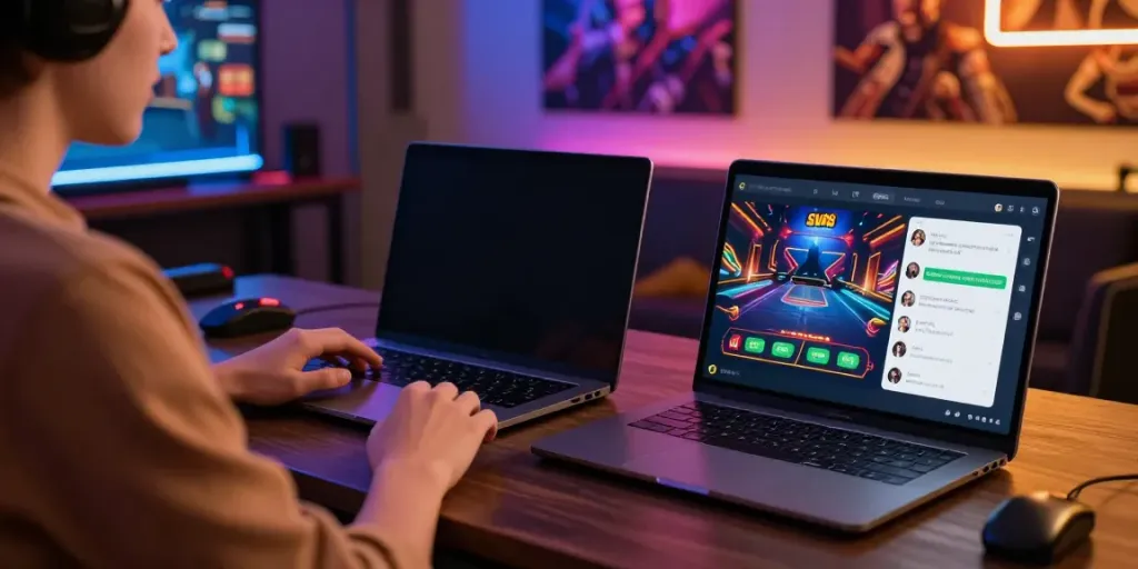 Gamer enjoying SV88 online casino on a laptop in a vibrant gaming setup.