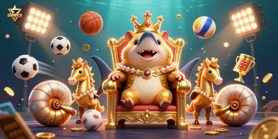 shbetcv engages players with a luxurious casino atmosphere featuring a king, seahorse guards, and sports elements.