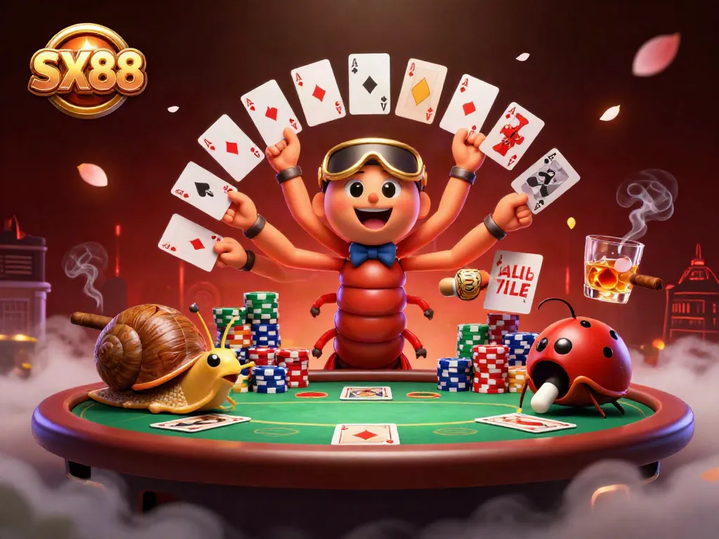 SX88 showcases a vibrant poker scene with a millipede dealer and excited characters, illustrating strategic gameplay.