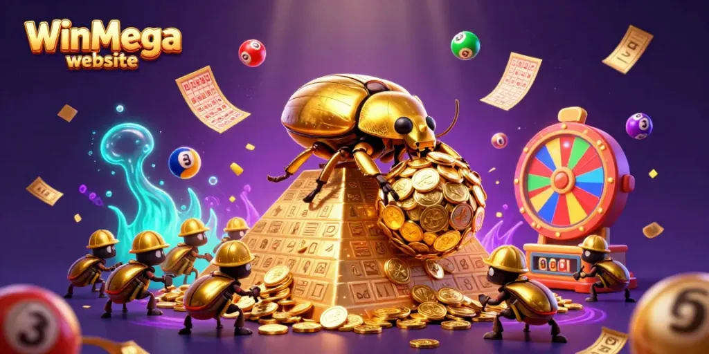 De WinMega website biedt een spannend moment met kleurrijke loterijballen en casinothema.
