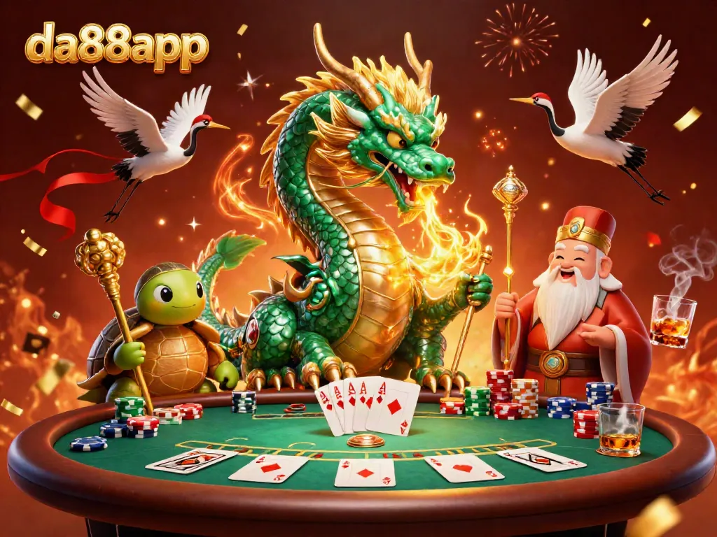 Place bets and win big with da88app in this vibrant casino scene featuring a jade dragon and lucky symbols.
